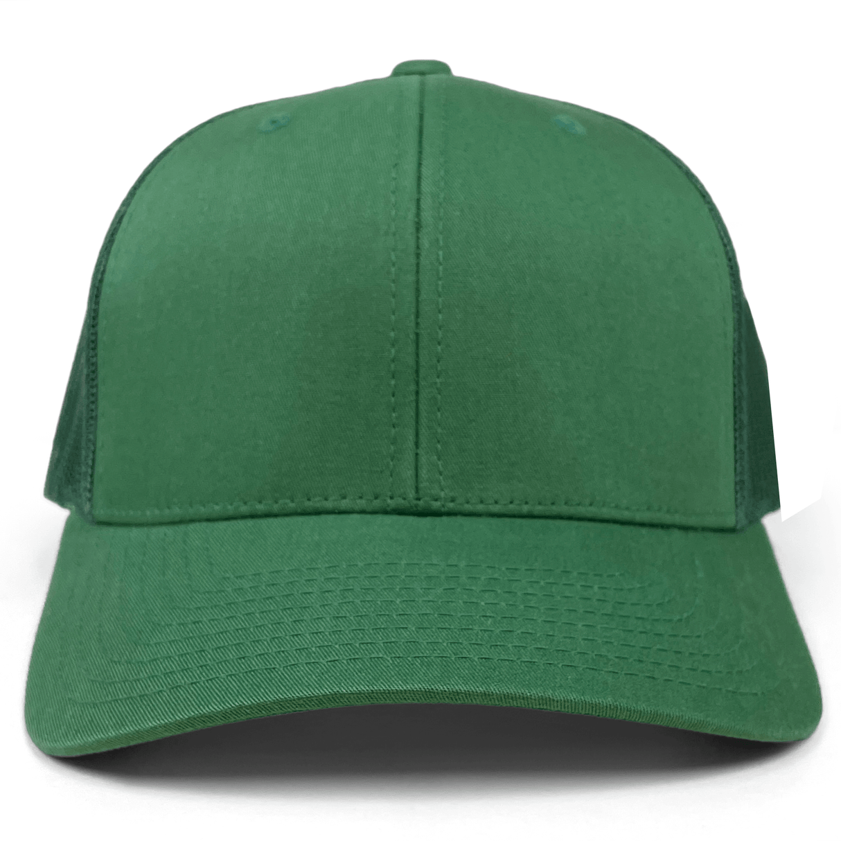 The S&S Activewear Retro Trucker Cap is plain green with a curved brim, mesh sides, and a snapback closure, shown from the front.