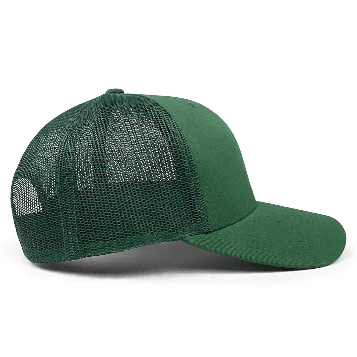 The S&S Activewear Retro Trucker Cap in green features a solid front panel, curved bill, mesh back for ventilation, and an adjustable snapback closure, shown here in side profile.