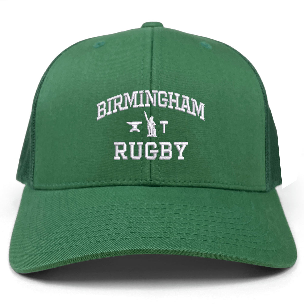Introducing the Birmingham Rugby Text Logo Retro Trucker by EMB S&S Activewear—a green retro trucker hat featuring “Birmingham Rugby” and a small rugby icon embroidered in white on the front. This cap offers a comfortable snapback closure for an adjustable fit.
