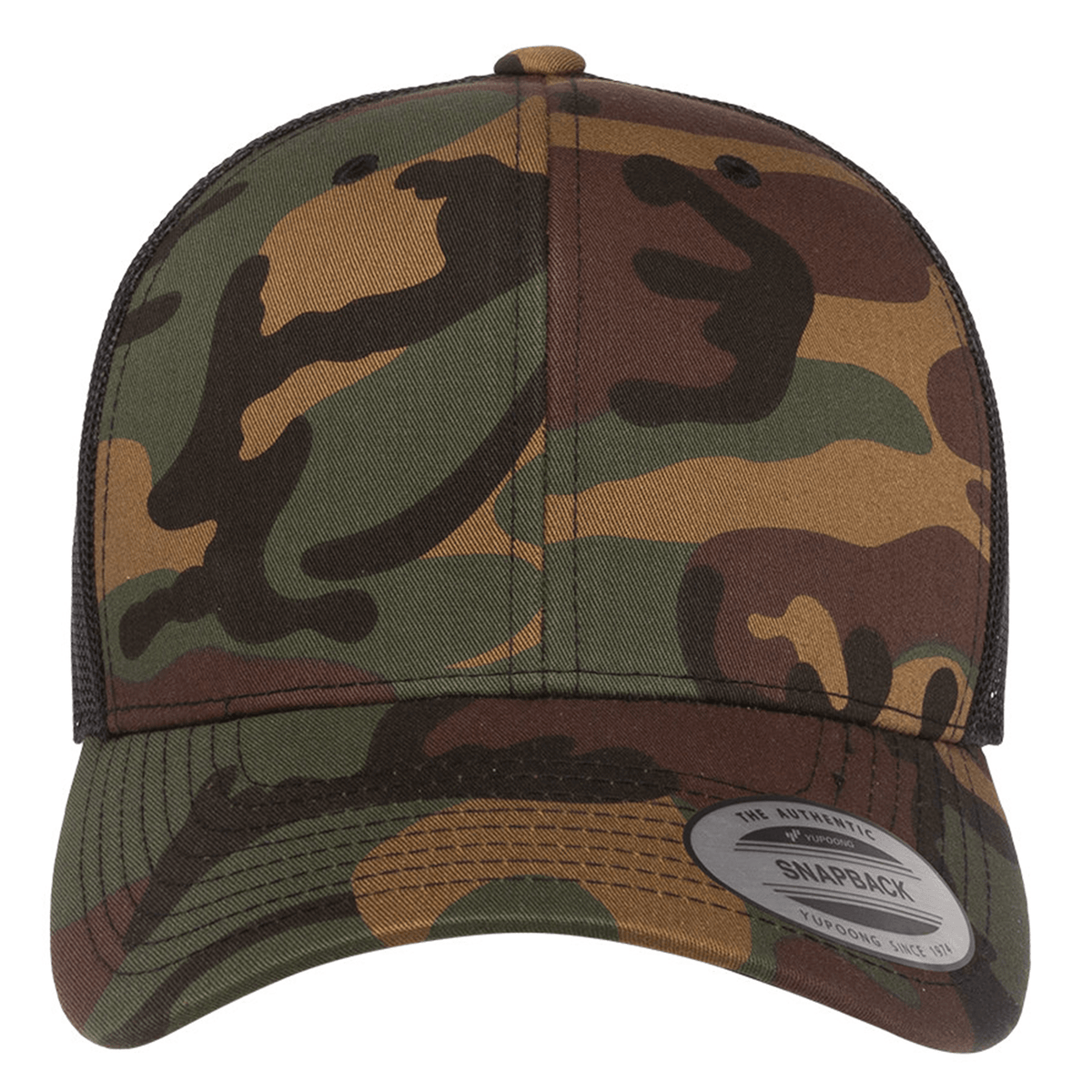 A front view of the S&S Activewear Retro Trucker Cap featuring a camouflage pattern, mesh back, snapback closure, and a sticker on the brim.