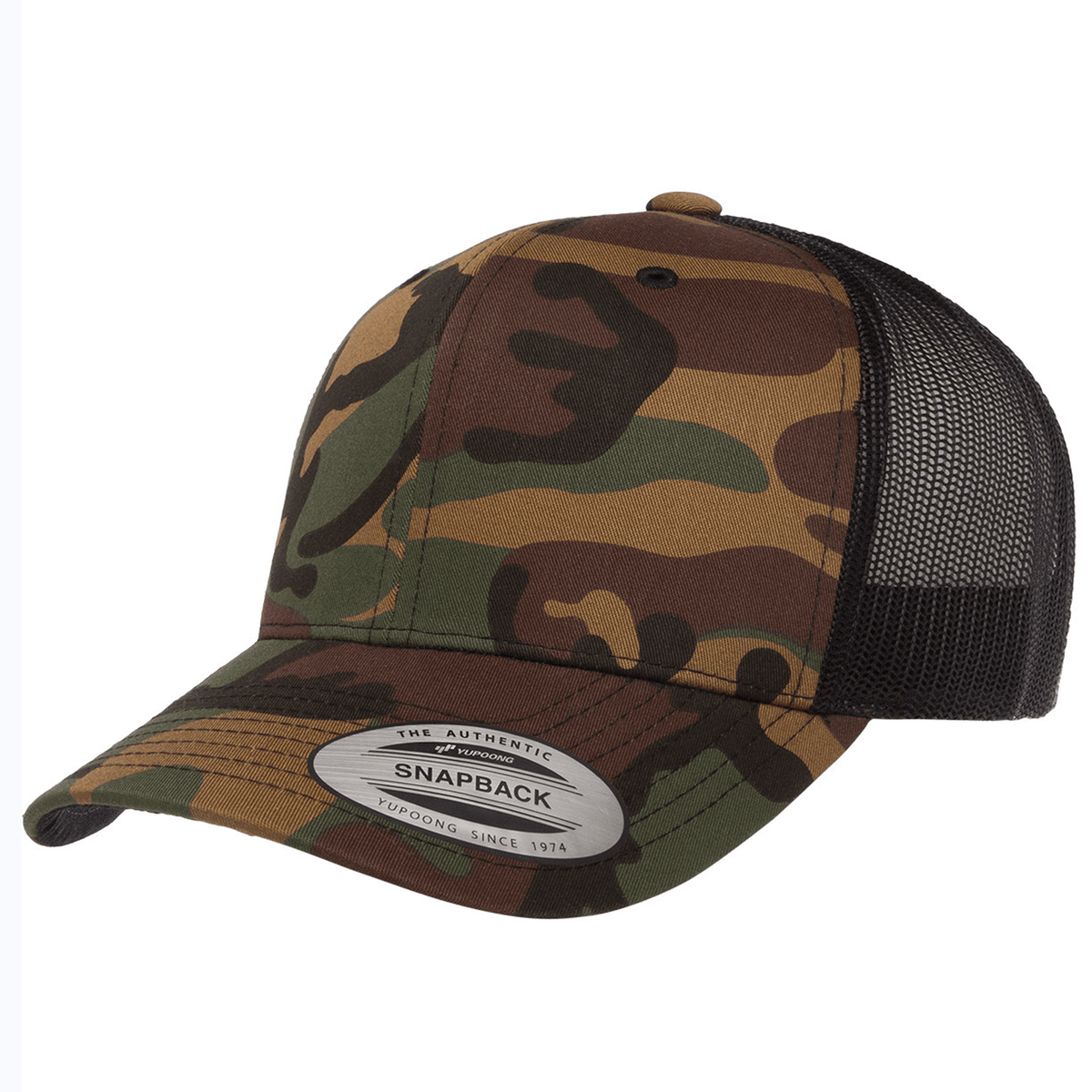 The S&S Activewear Retro Trucker Cap features a camouflage pattern, mesh back, curved brim, manufacturer sticker on the bill, and a snapback closure.