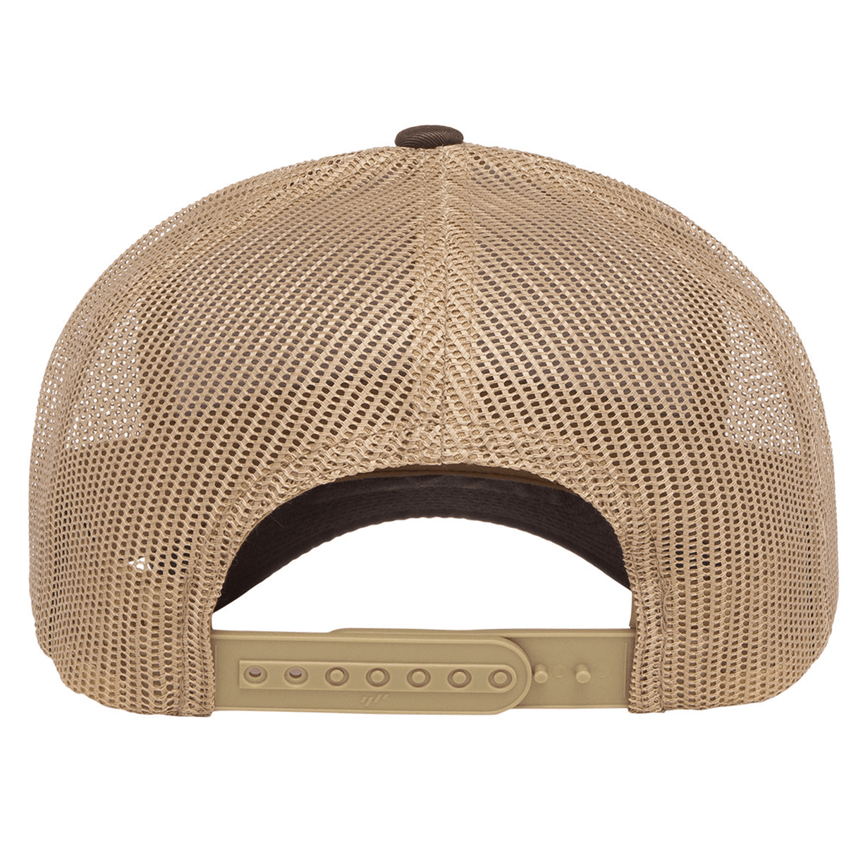 The S&S Activewear Retro Trucker Cap is shown from the back, highlighting its tan mesh panels and adjustable snapback closure.