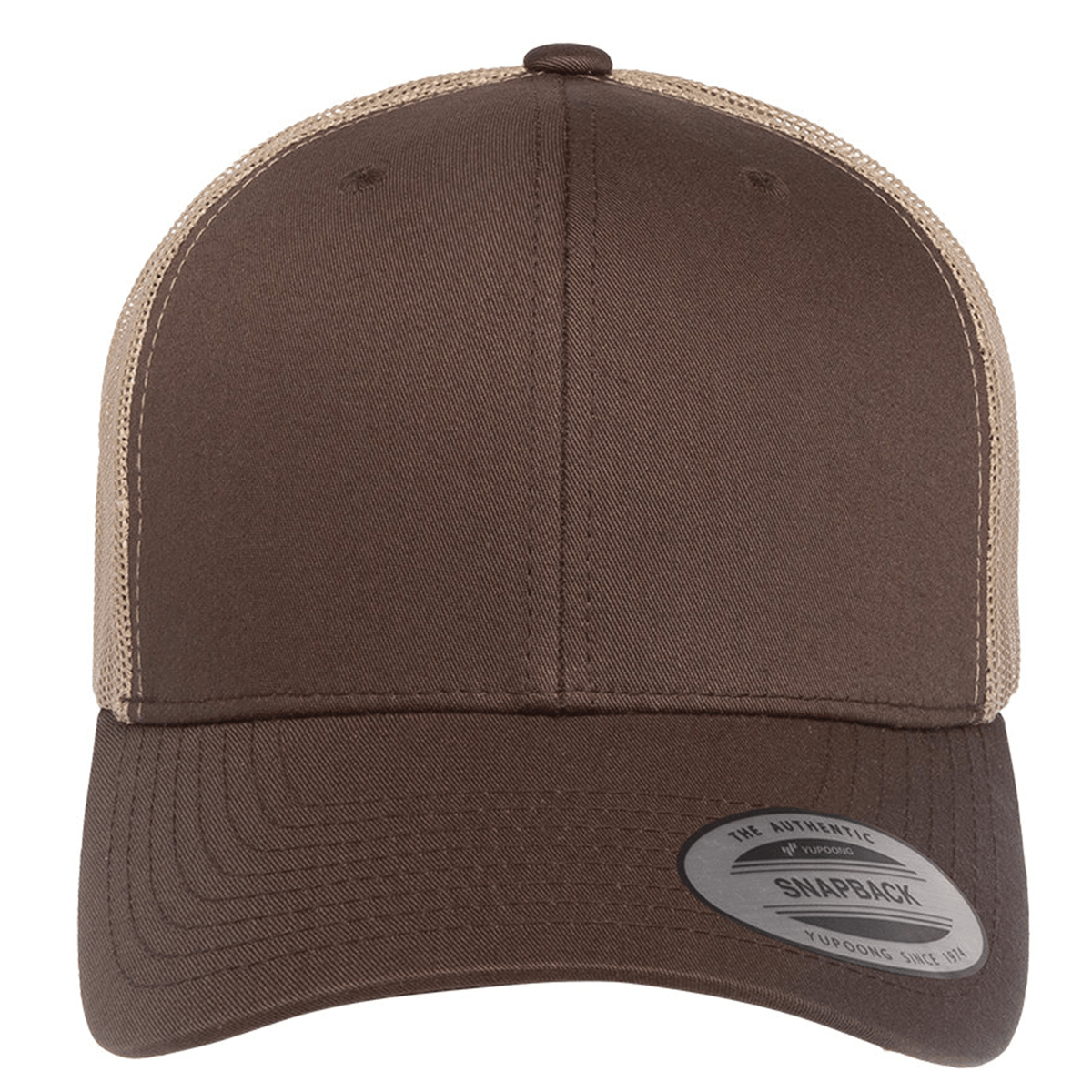 The S&S Activewear Retro Trucker Cap features a brown front, beige mesh back, classic curved brim, silver "snapback" sticker, and adjustable snapback closure for a perfect fit.