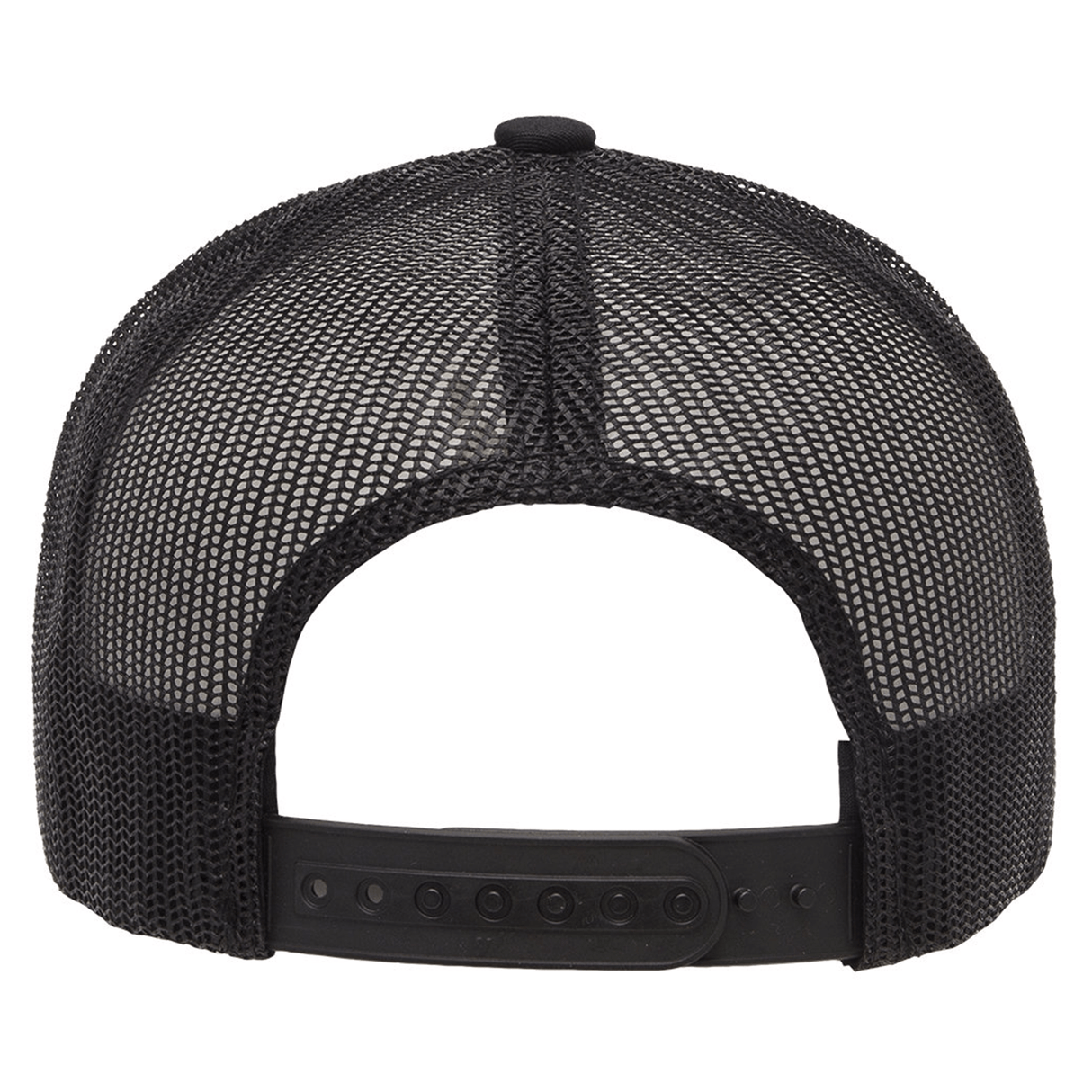 Back view of the S&S Activewear Retro Trucker Cap in black mesh, featuring an adjustable snapback closure for a classic look.