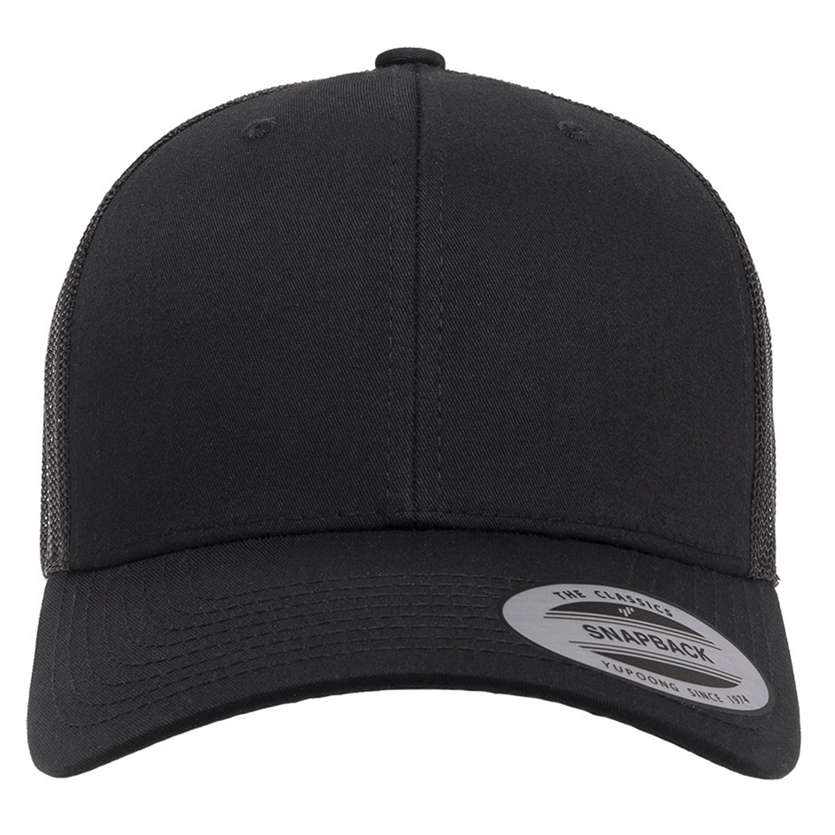 Front view of a black S&S Activewear Retro Trucker Cap featuring a mesh back, snapback closure, and a "The Classic Snapback" sticker on the brim.