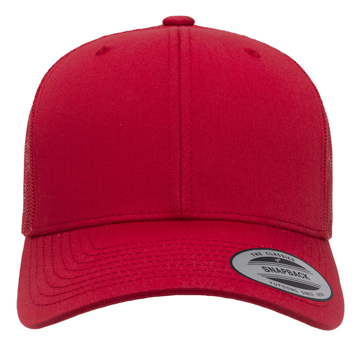 The S&S Activewear Retro Trucker Cap is a plain red hat featuring a mesh back, snapback closure, and a round brim sticker with brand details.