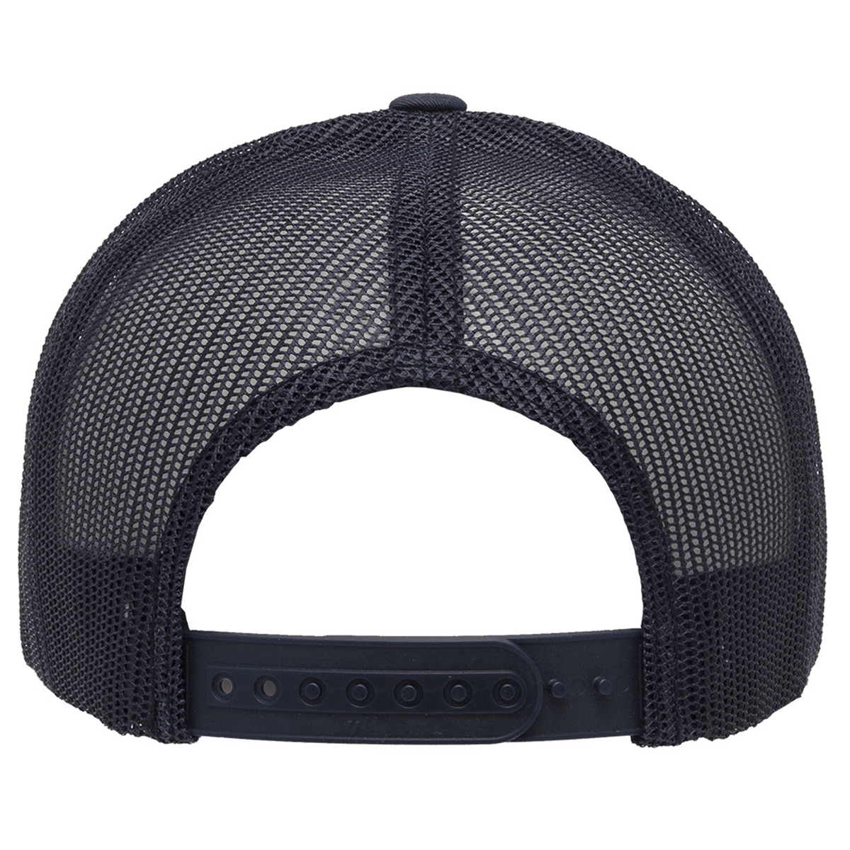Back view of the S&S Activewear Retro Trucker Cap, showcasing black mesh and an adjustable snapback closure.
