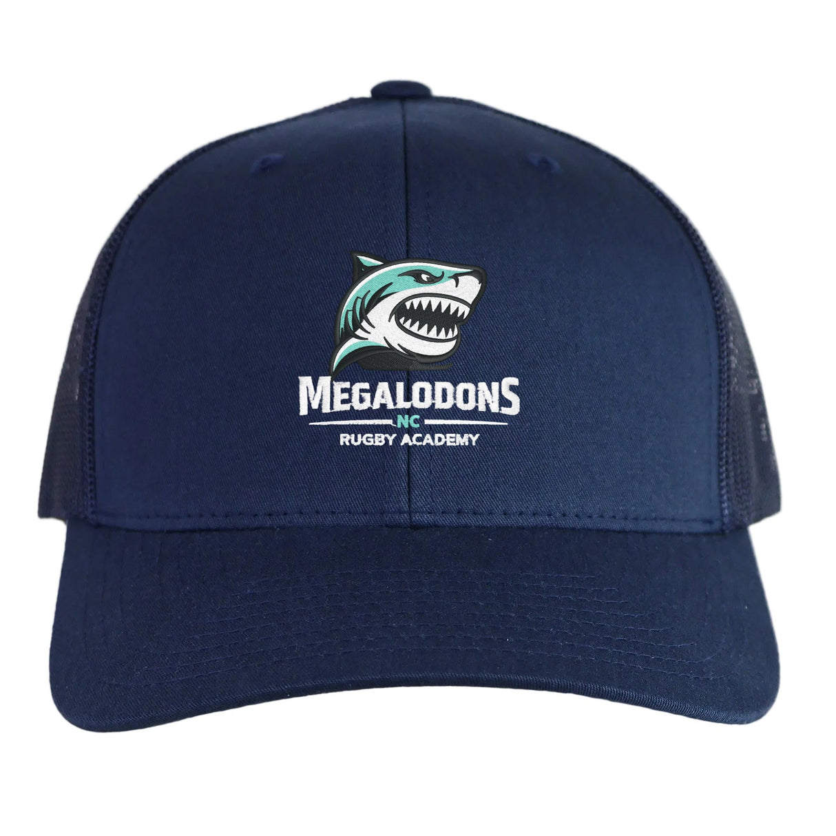 The NC Rugby Academy - Megalodons Retro Trucker Cap by EMB S&S Activewear is a navy blue trucker cap with an embroidered shark logo and "Megalodons Inc Rugby Academy" text on the front, plus an adjustable snapback closure.