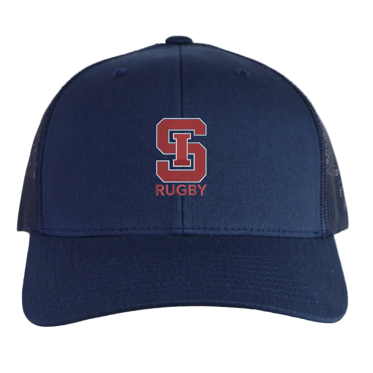 The St. Ignatius Rugby Retro Trucker Cap by EMB S&S Activewear features a navy design with a red embroidered "S" and "RUGBY" on the front, plus an adjustable snapback closure for convenience.