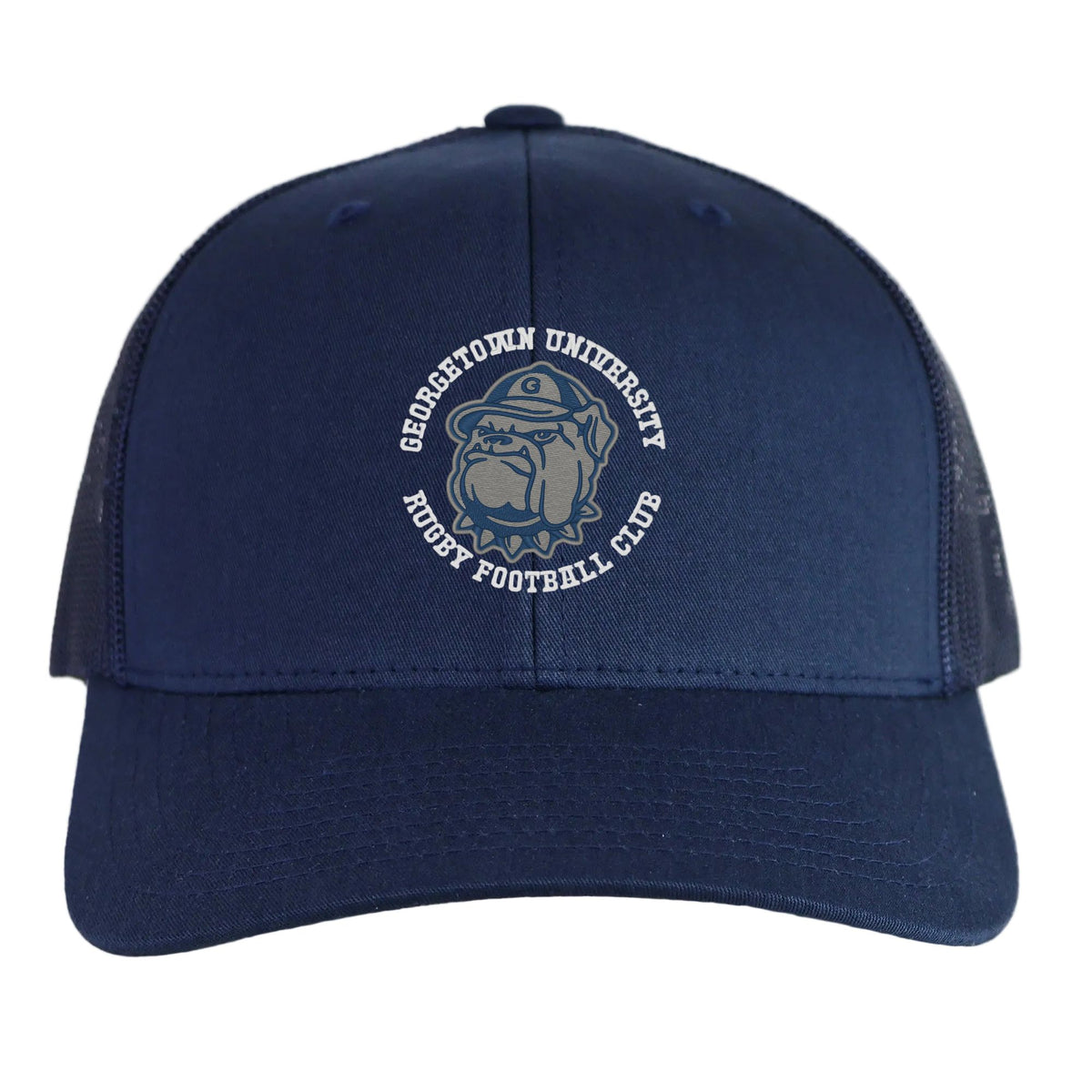 The Georgetown University RFC Retro Trucker Cap by EMB S&S Activewear features an embroidered bulldog logo on the front and a snapback closure for an adjustable fit.