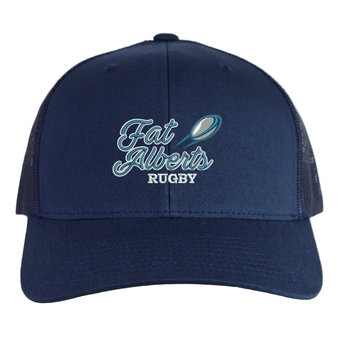The Gulf Coast Fat Alberts Retro Trucker Cap by EMB S&S Activewear is a navy blue trucker hat with mesh back, embroidered "Fat Alberts Rugby" and rugby ball on the front, and an adjustable snapback closure.