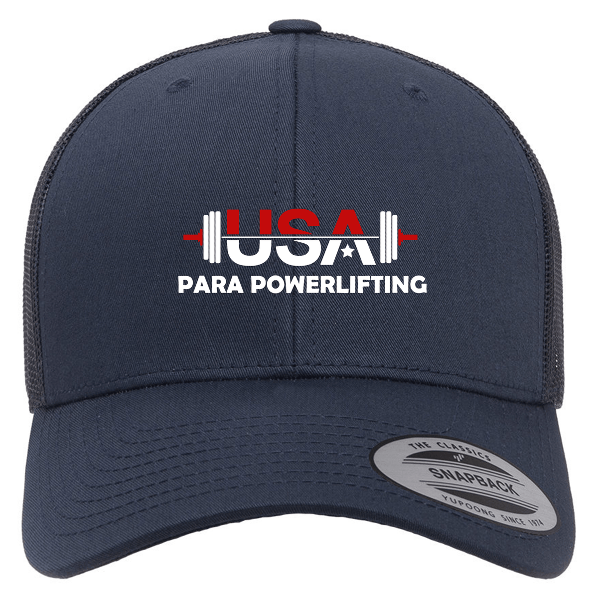 The USA Para Powerlifting Retro Trucker Cap by EMB S&S Activewear features “USA Para Powerlifting” and a barbell print in white and red on navy blue, with a retro style and adjustable snapback closure for a perfect fit.