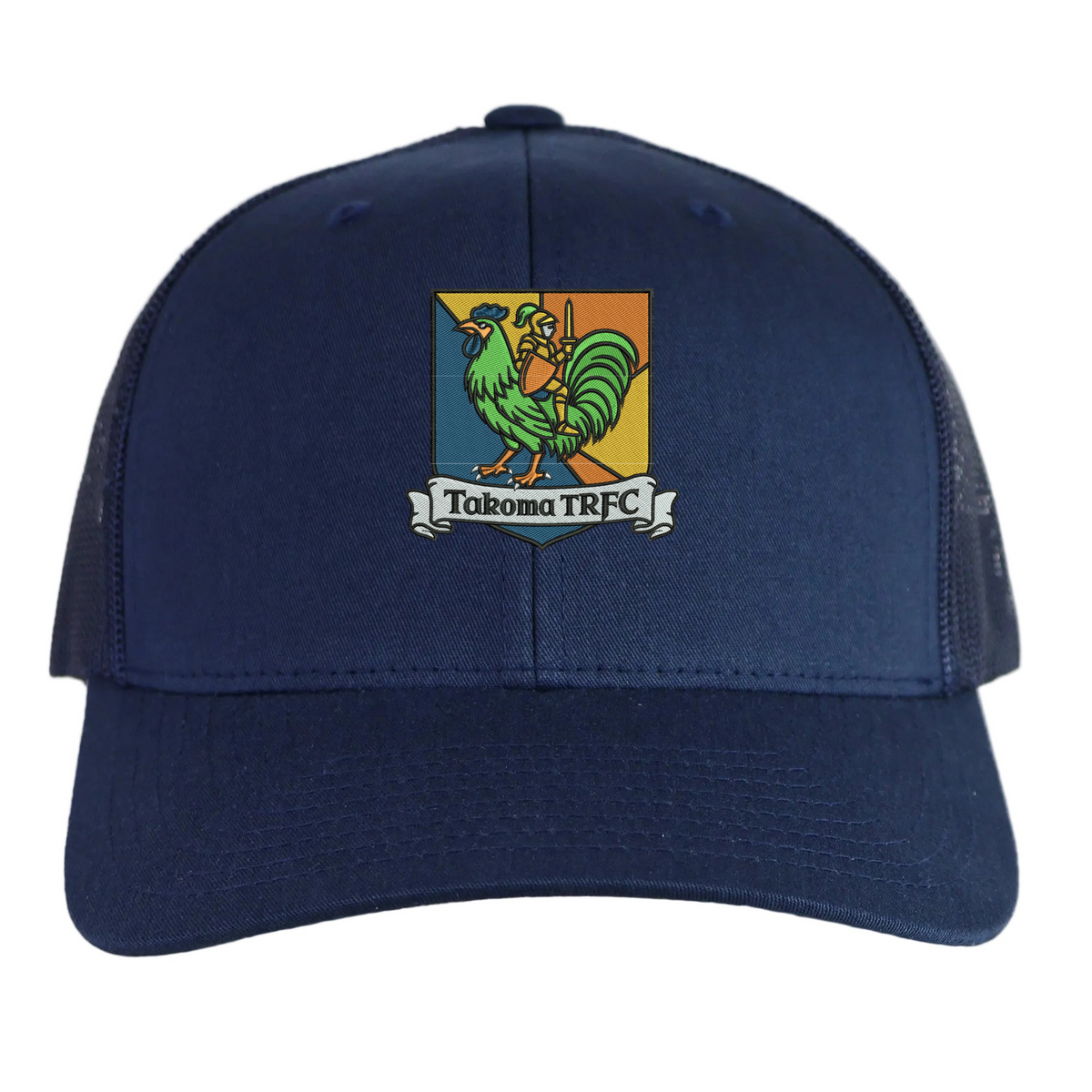 Navy blue Takoma Touch Rugby Retro Trucker Cap featuring an embroidered crest of a knight riding a rooster with the text “Takoma TRFC”.