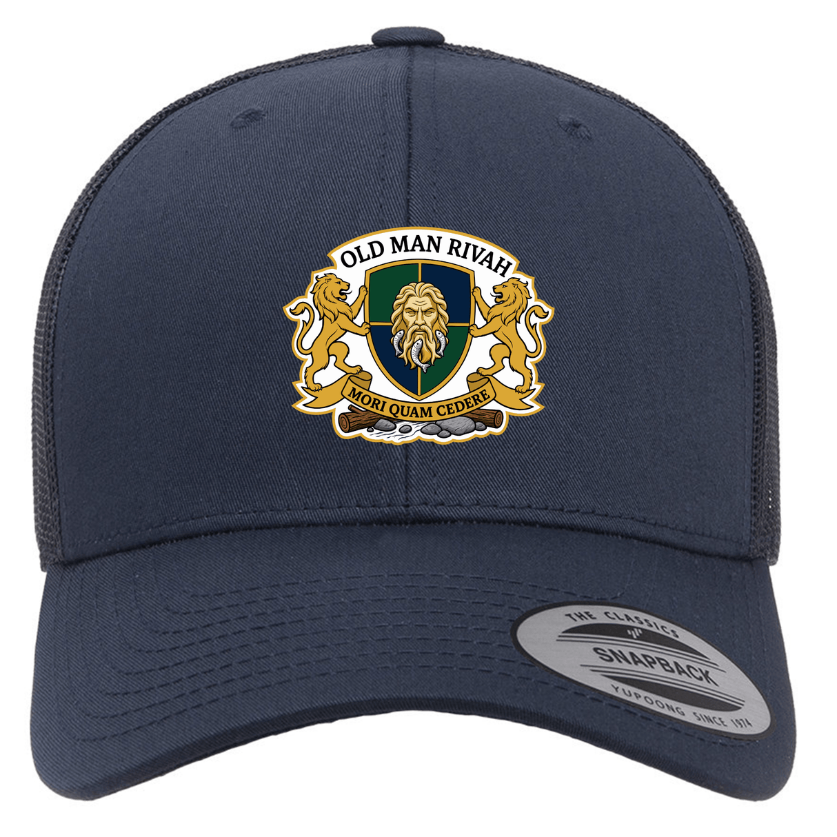 The Old Man Rivah Rugby Retro Trucker Cap by EMB S&S Activewear is a navy snapback hat with an embroidered crest, gold lions, "OLD MAN RIVAH," "MOR QUAM CEDERE," and a classic adjustable snapback closure.