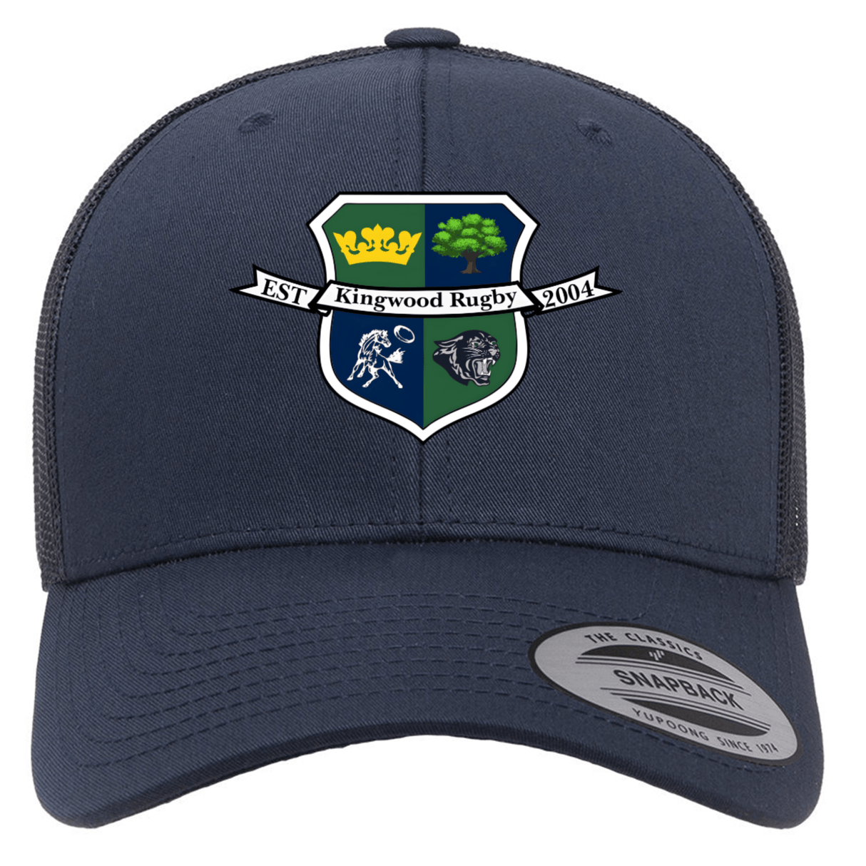 The Kingwood Rugby Retro Trucker Cap by EMB S&S Activewear features an embroidered crest with crown, tree, rugby player, and lion plus "EST 2004 Kingwood Rugby" text. Snapback closure ensures a comfortable fit.
