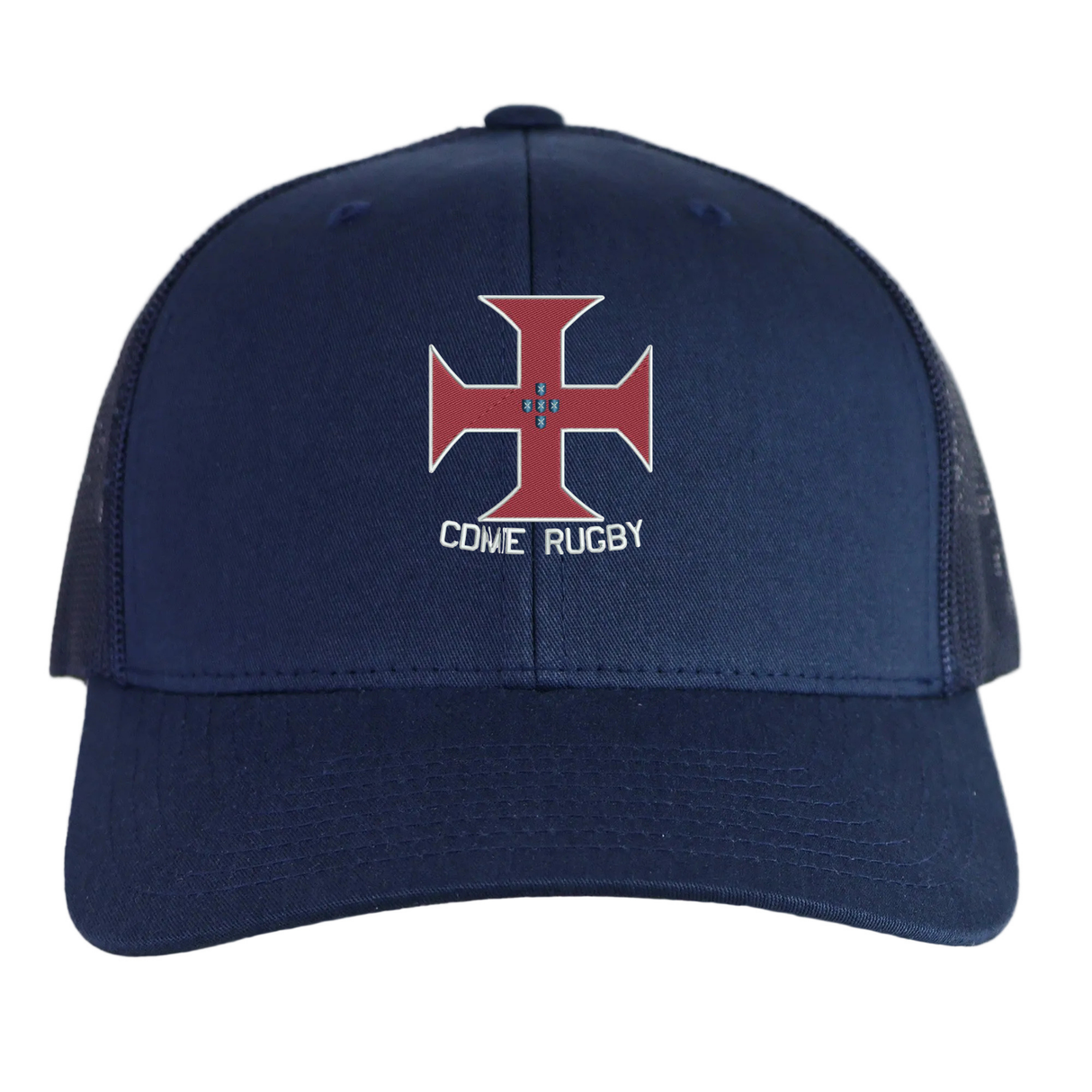The SF CDME Rugby Retro Trucker Cap by EMB S&S Activewear is a navy blue hat with an embroidered red cross emblem and "CDME RUGBY" printed below on the front panel. It features a classic snapback closure for adjustable fit.