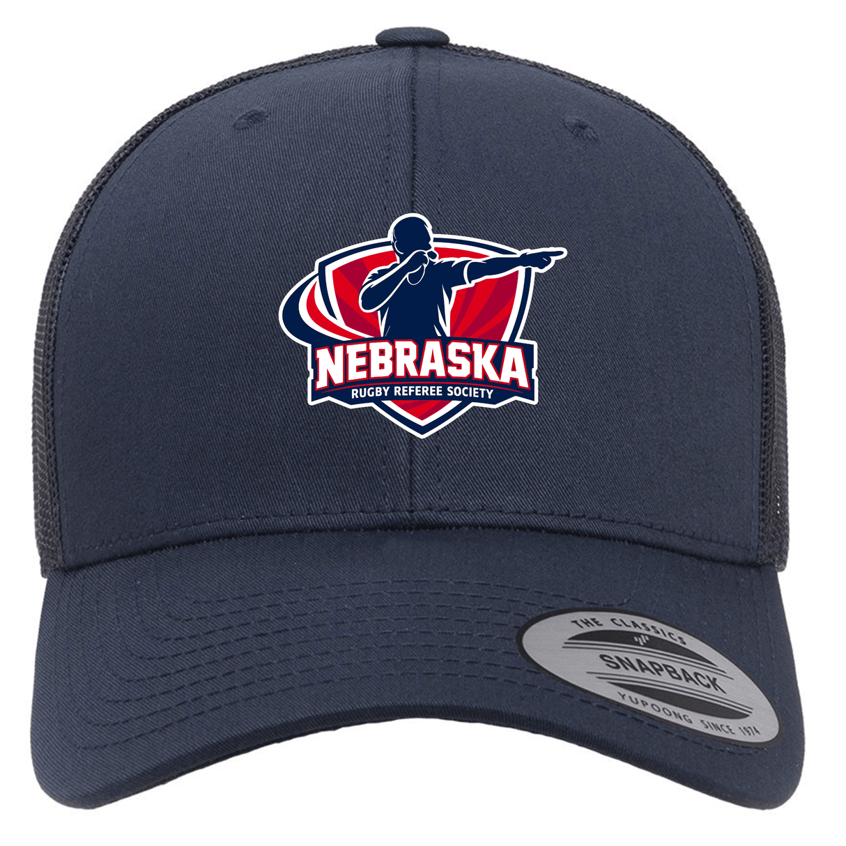 The Nebraska Rugby Referee Society Retro Trucker Cap by EMB S&S Activewear features a navy blue design with a referee silhouette logo embroidered on the front and a classic snapback closure.