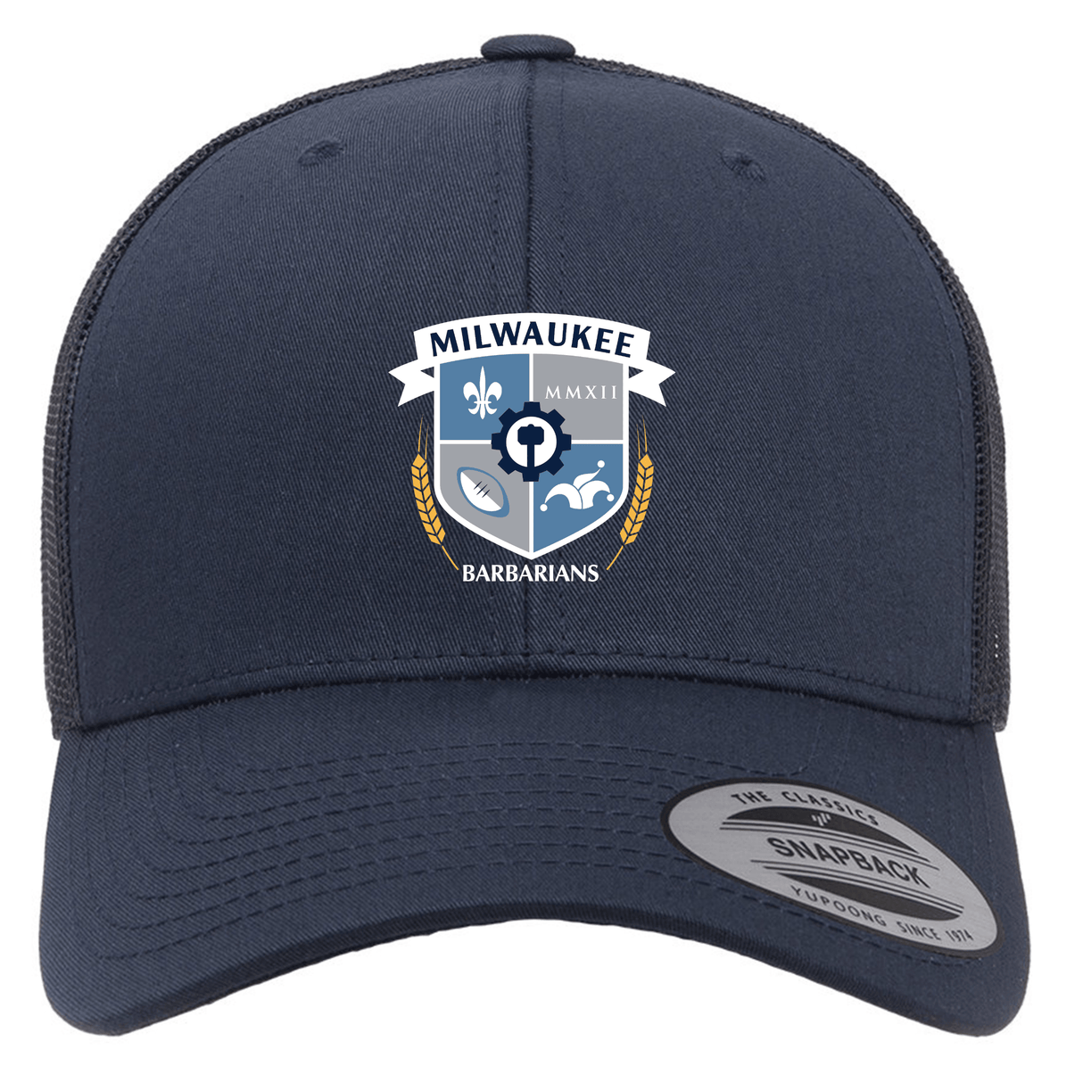 The Milwaukee Barbarians Rugby Retro Trucker Cap by EMB S&S Activewear features a navy blue design with mesh back, snapback closure, and the club's embroidered crest on front.