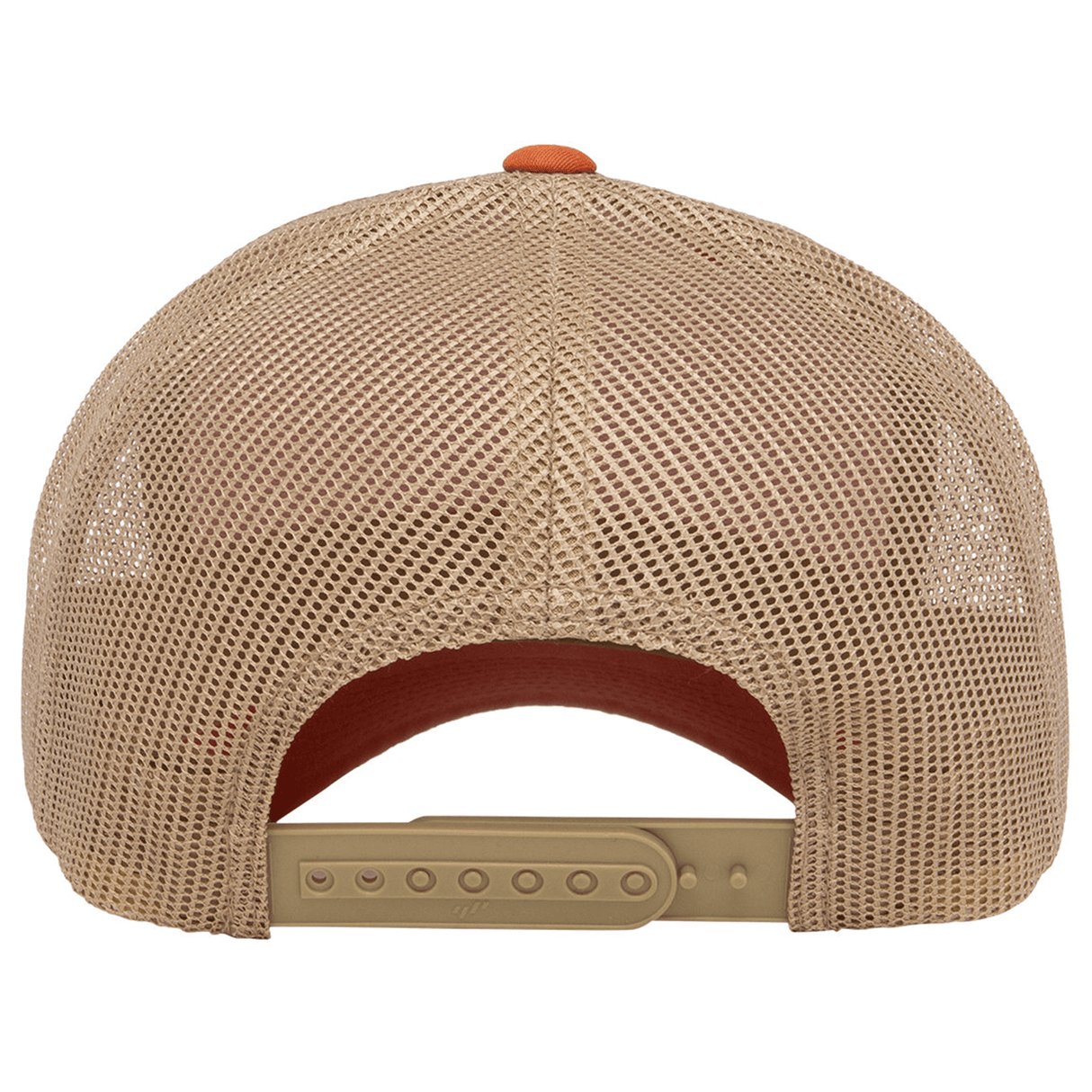 A beige S&S Activewear Retro Trucker Cap is displayed from the rear, highlighting its adjustable snapback closure and mesh-back design.