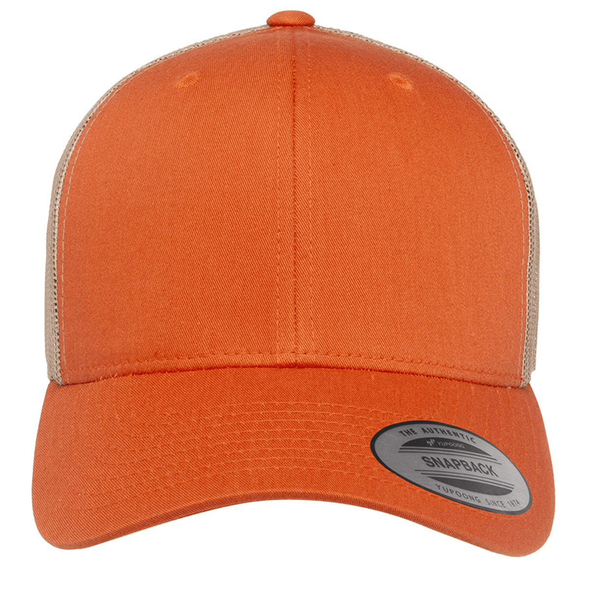Front view of the S&S Activewear Retro Trucker Cap with an orange front, beige mesh back, a "Snapback" sticker on the brim, and a classic snapback closure for adjustable fit.