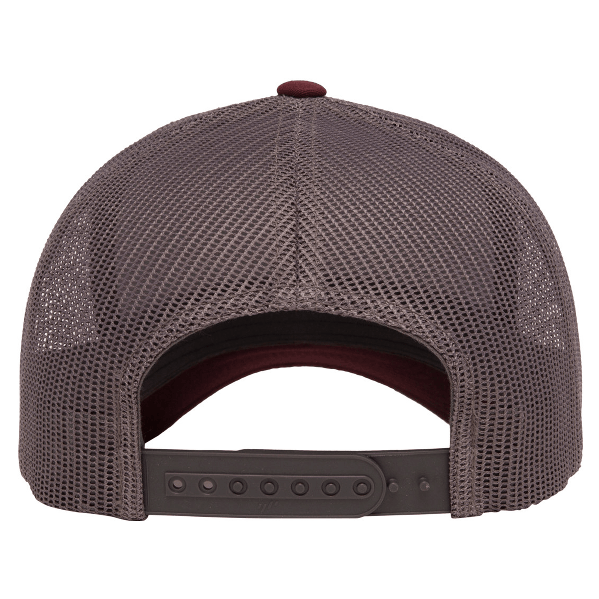 Back view of the S&S Activewear Retro Trucker Cap in gray mesh, featuring an adjustable plastic snapback closure.