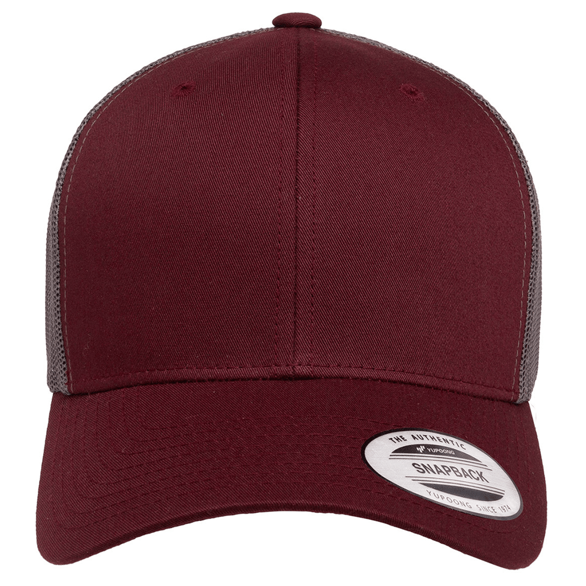The S&S Activewear Retro Trucker Cap in maroon and gray features a front view, snapback closure, and a sticker on the brim.