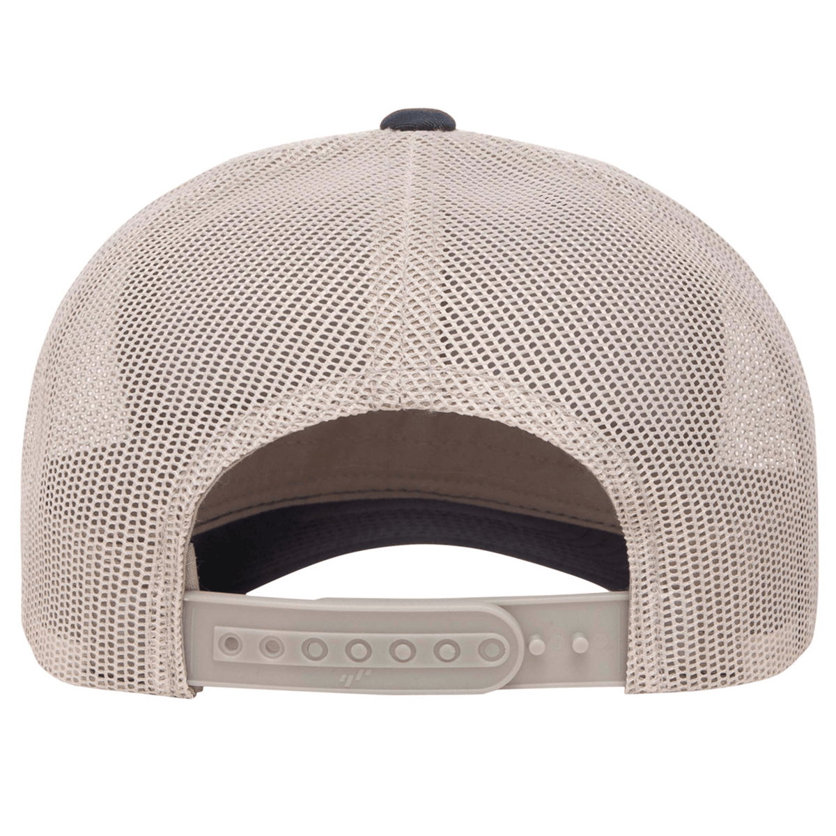Back view of the S&S Activewear Retro Trucker Cap in beige, showcasing breathable mesh and an adjustable snapback closure for a classic fit.