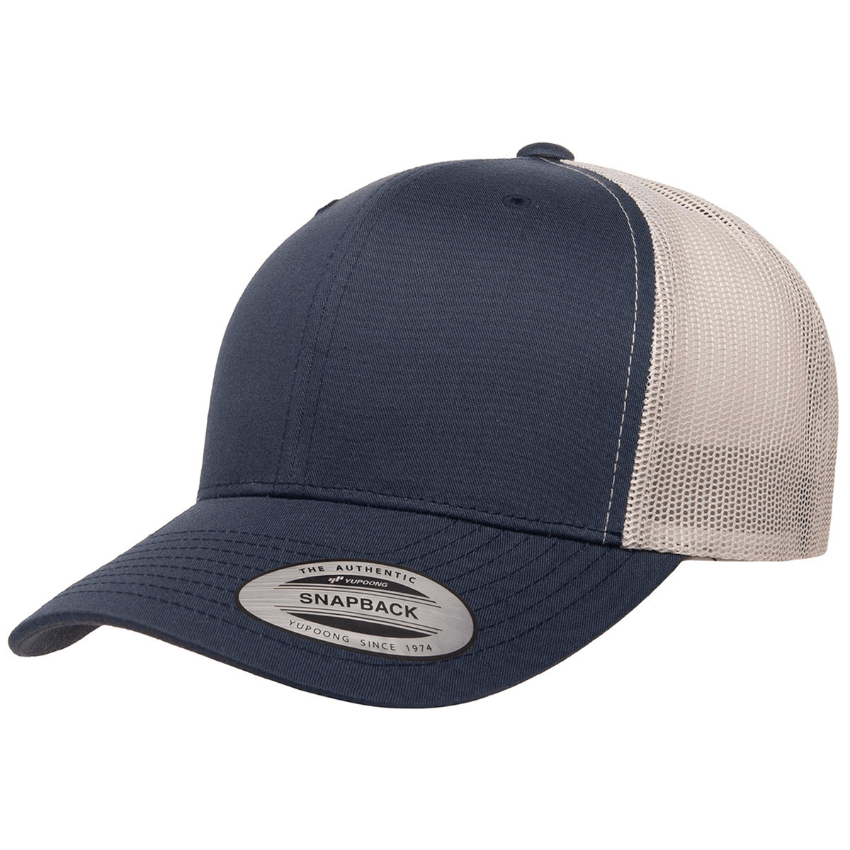 The S&S Activewear Retro Trucker Cap features a navy blue and beige design, mesh back, snapback closure, and a "Snapback" sticker on the brim.