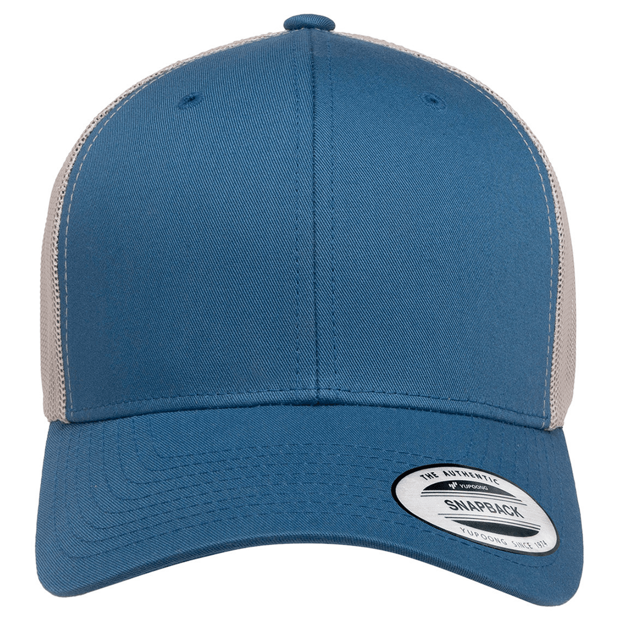 The S&S Activewear Retro Trucker Cap is blue and white with embroidery, a mesh back, snapback closure, and a brim sticker reading "The Authentic Snapback.