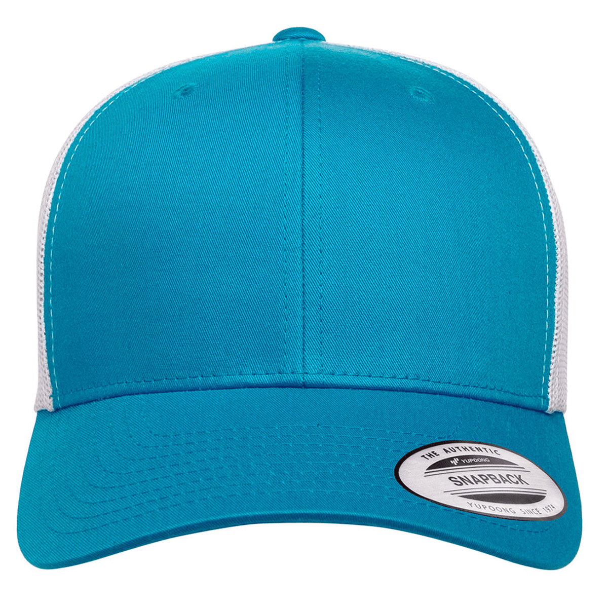 The S&S Activewear Retro Trucker Cap features a turquoise and white design, mesh back, snapback closure, and a "Snapback" sticker on the brim, shown from the front.