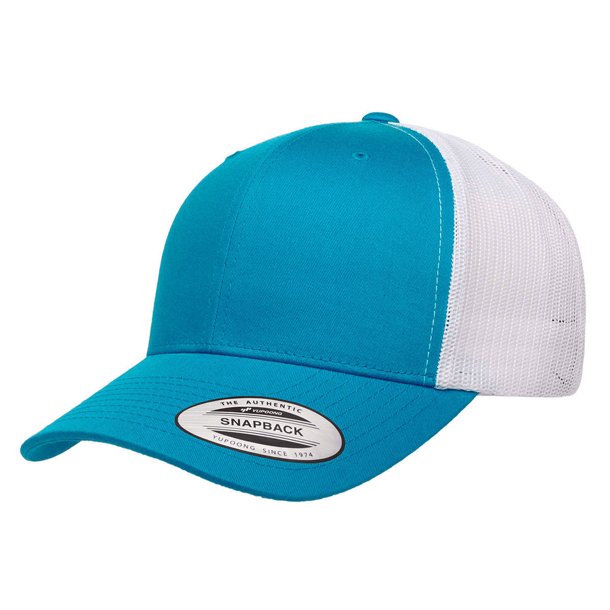 The S&S Activewear Retro Trucker Cap features a teal and white design, mesh back, snapback closure, and a sticker label on the brim.
