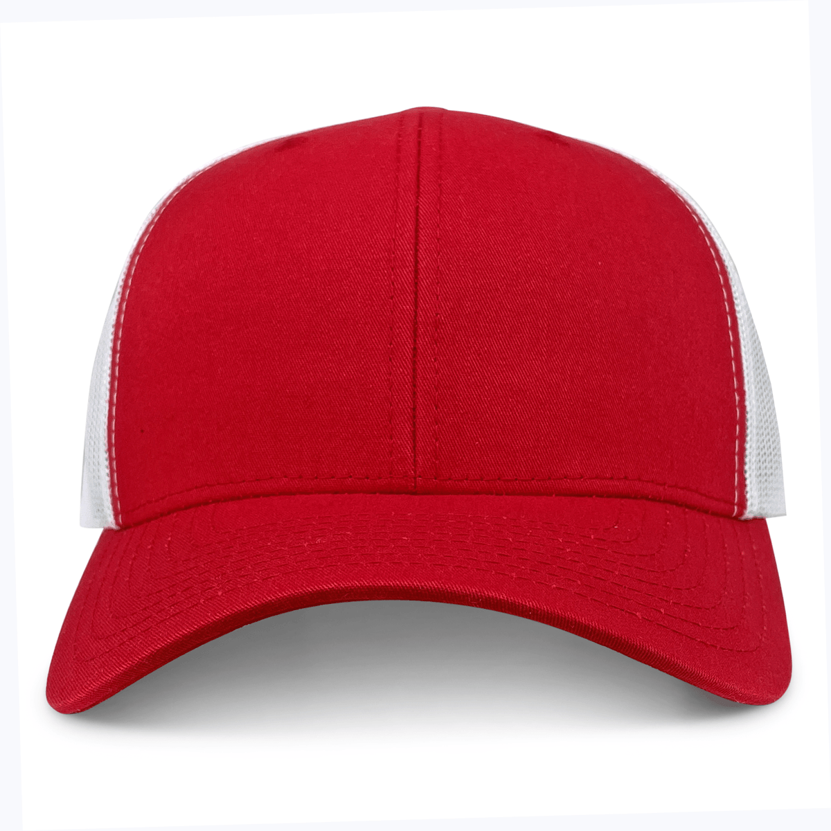 The S&S Activewear Retro Trucker Cap features a solid red front and bill with embroidery, white mesh side and back panels, and a classic snapback closure for adjustable fit.