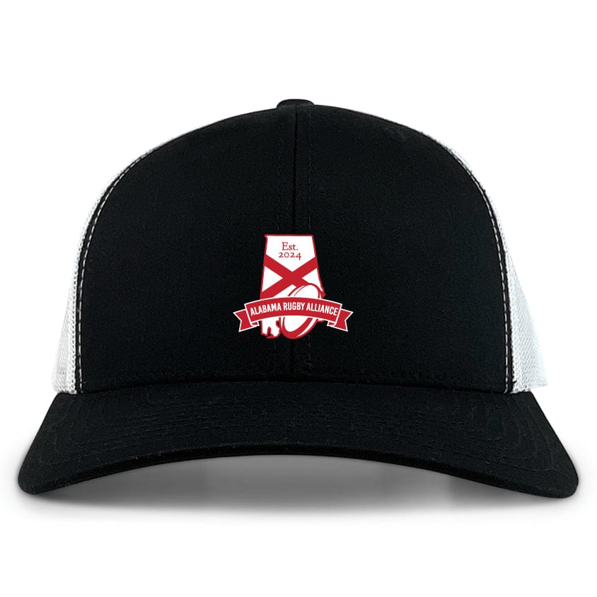 The Alabama Rugby Alliance Retro Trucker Cap by EMB S&S Activewear features a black and white design, red embroidered logo with "Est. 2024" on the front, and an adjustable snapback closure for a comfortable fit.