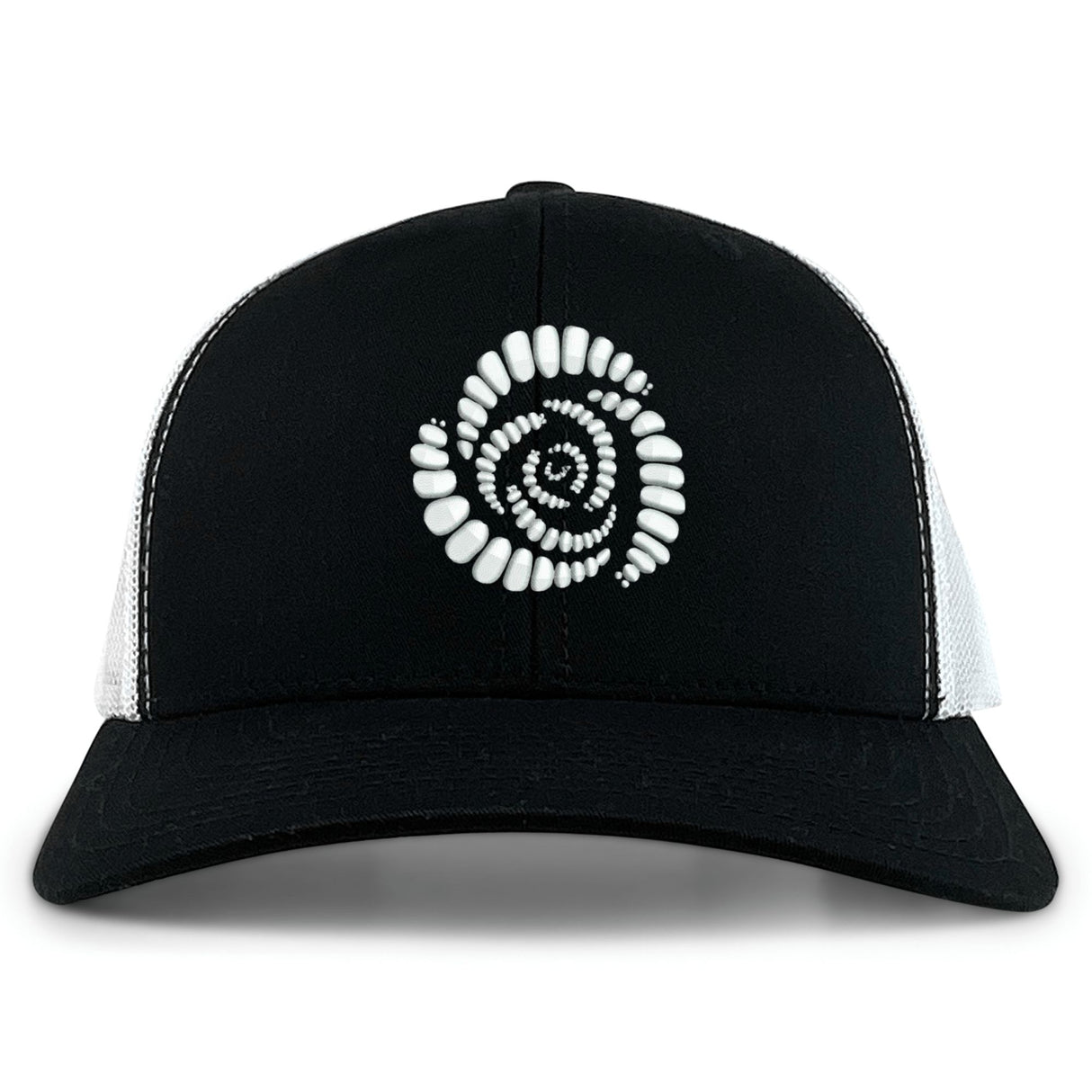 The Missoula All-Maggots Retro Trucker Cap by EMB S&S Activewear is a black and white trucker cap with an embroidered spiral seashell design in white on the front panel, featuring an adjustable snapback closure for a comfortable fit.