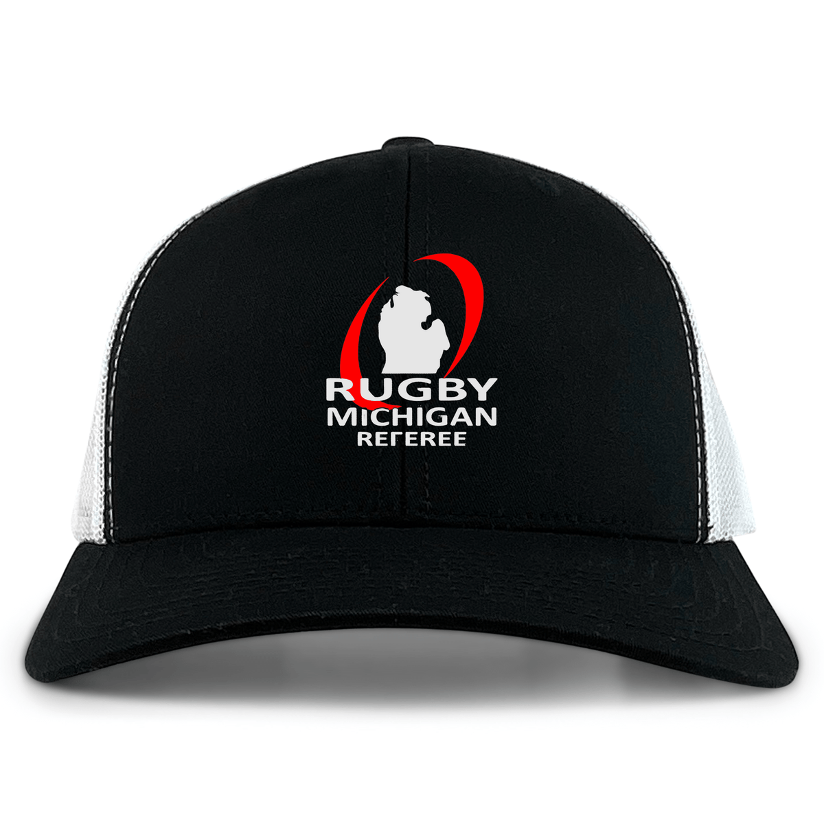The EMB S&S Activewear Rugby Michigan Referee Society Retro Trucker Cap is a black and white hat featuring a red and white embroidered logo on the front and an adjustable snapback closure for a great fit.