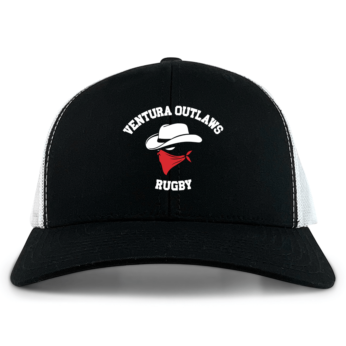 The Ventura Outlaws Rugby Retro Trucker Cap by EMB S&S Activewear is a black and white cap featuring "Ventura Outlaws Rugby" with a cowboy hat and red bandana logo, plus an adjustable snapback closure.