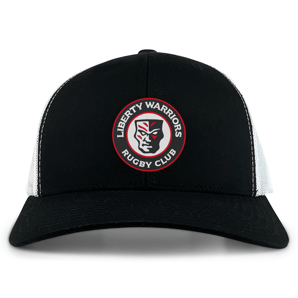 The Liberty Lake Warriors Retro Trucker Cap by EMB S&S Activewear is a black and white cap with an embroidered "Liberty Warriors Rugby Club" logo, stylized face on the front, and an adjustable snapback closure.