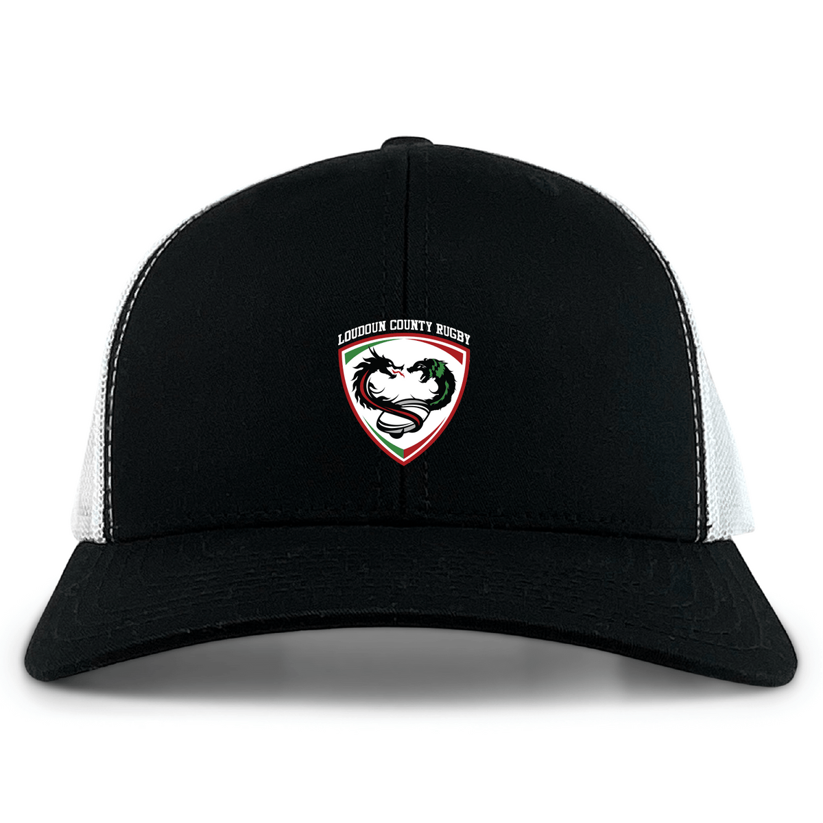 The Loudoun Retro Trucker Cap by EMB S&S Activewear is a black and white cap with an eagle and rugby ball logo on the front, detailed embroidery, and a snapback closure.
