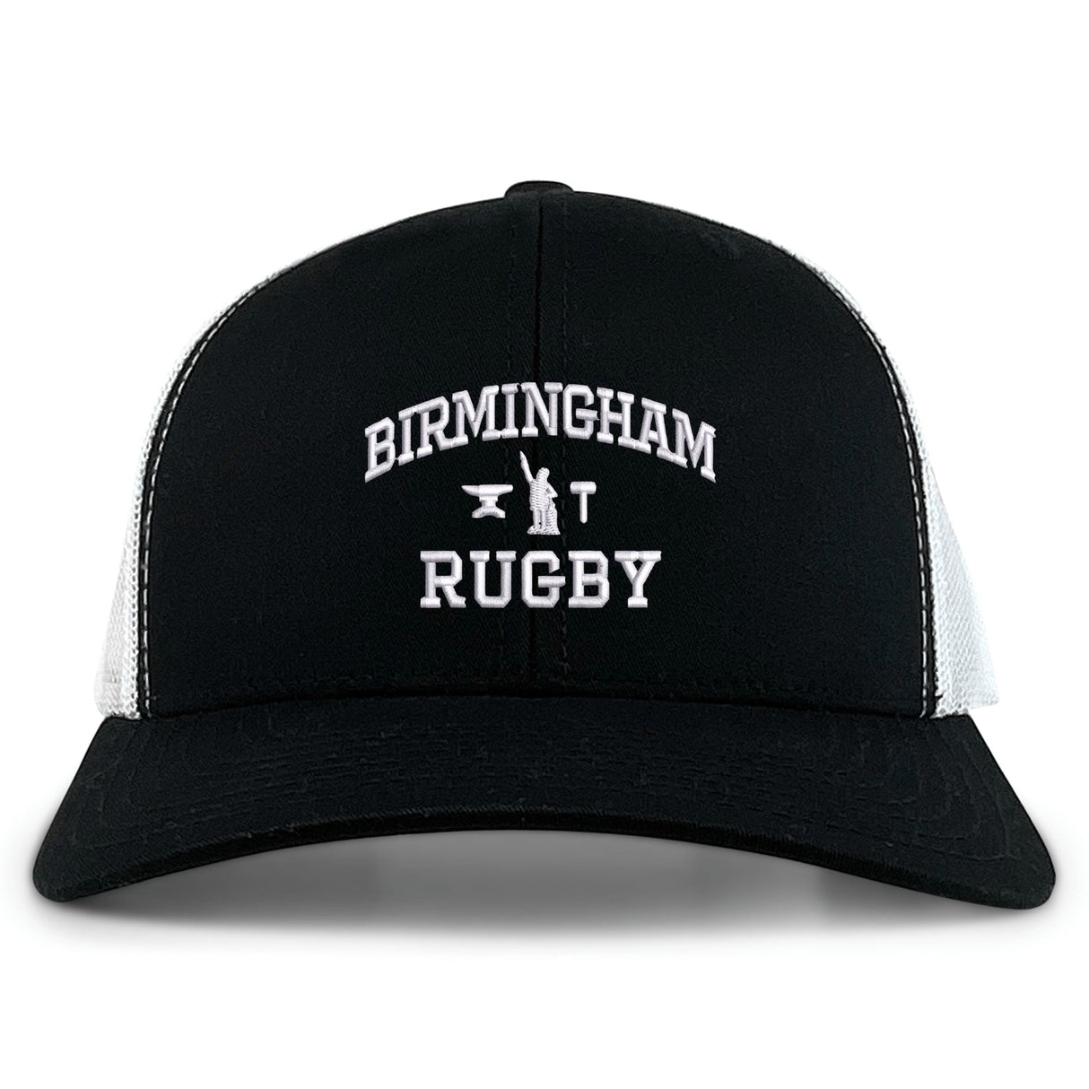The EMB S&S Activewear Birmingham Rugby Text Logo Retro Trucker is a black and white hat featuring “Birmingham Rugby” text and a small anvil logo embroidered on the front. This cap offers a classic snapback closure for an adjustable fit.