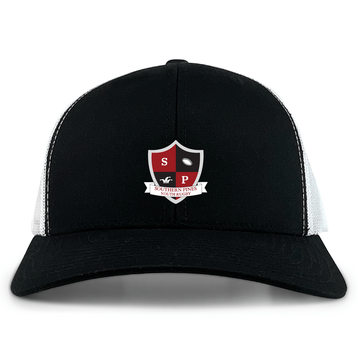 The Southern Pines Youth Rugby Retro Trucker Cap by EMB S&S Activewear features the team shield embroidered on the front and a classic black and white snapback design for adjustable fit.