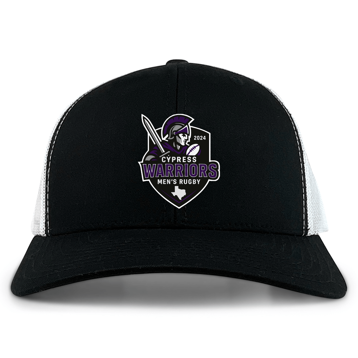 The Cypress Warriors Men's Rugby Retro Trucker Cap by EMB S&S Activewear features a black and white design, 2024 team logo with embroidered warrior graphic, and an adjustable snapback closure for a classic fit.