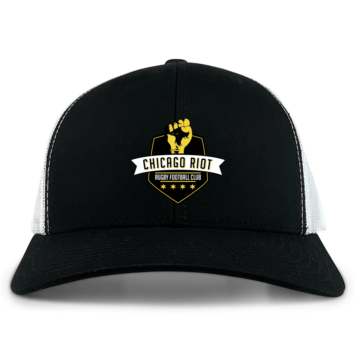 The Chicago Riot Retro Trucker Cap by EMB S&S Activewear is a black and white trucker hat with a yellow and white embroidered "Chicago Riot Rugby Football Club" design, raised fist, four stars, and an adjustable snapback closure.