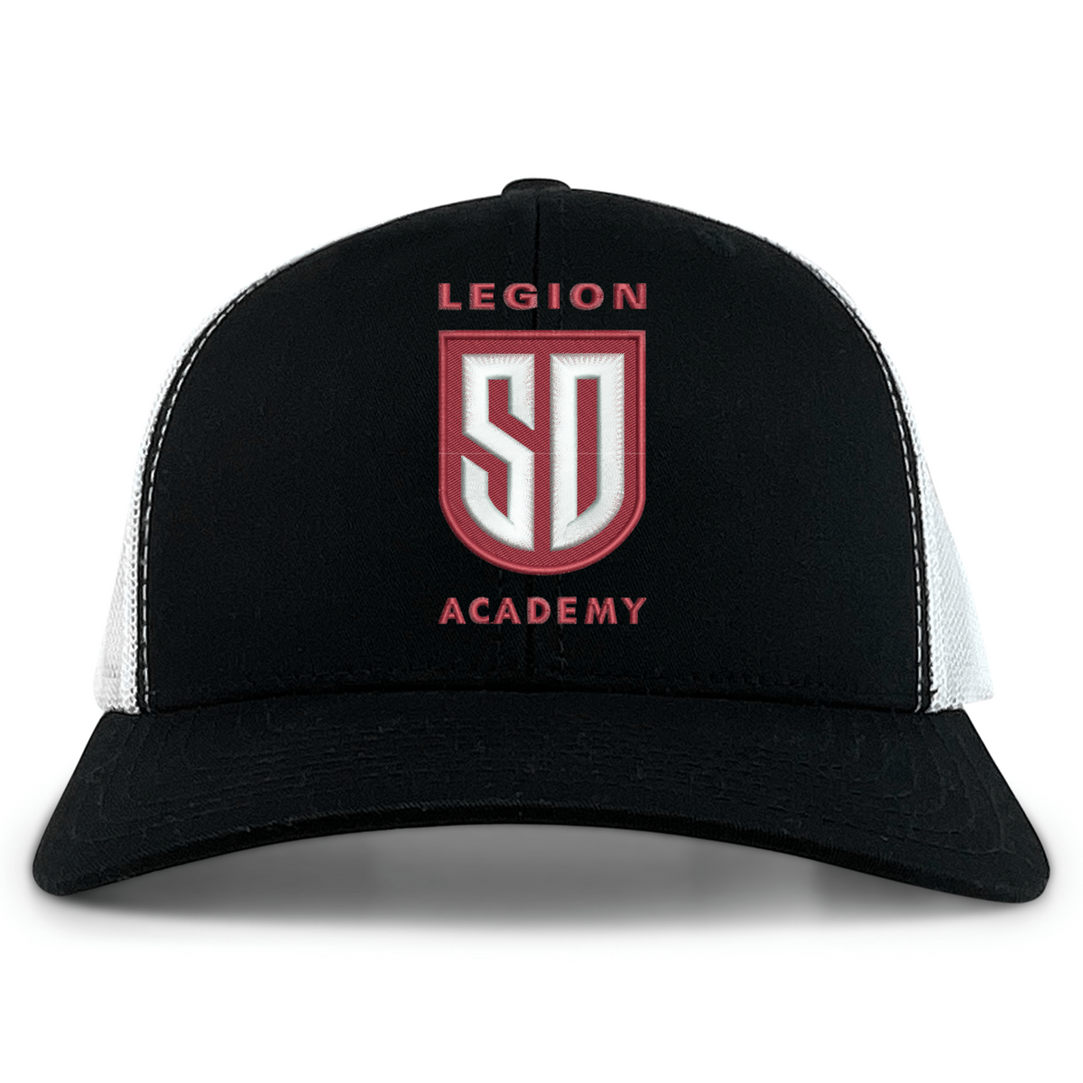 Legion Academy Retro Trucker Cap in black and white featuring an embroidered red and white “Legion Academy SD” shield emblem on the front with a snapback closure.