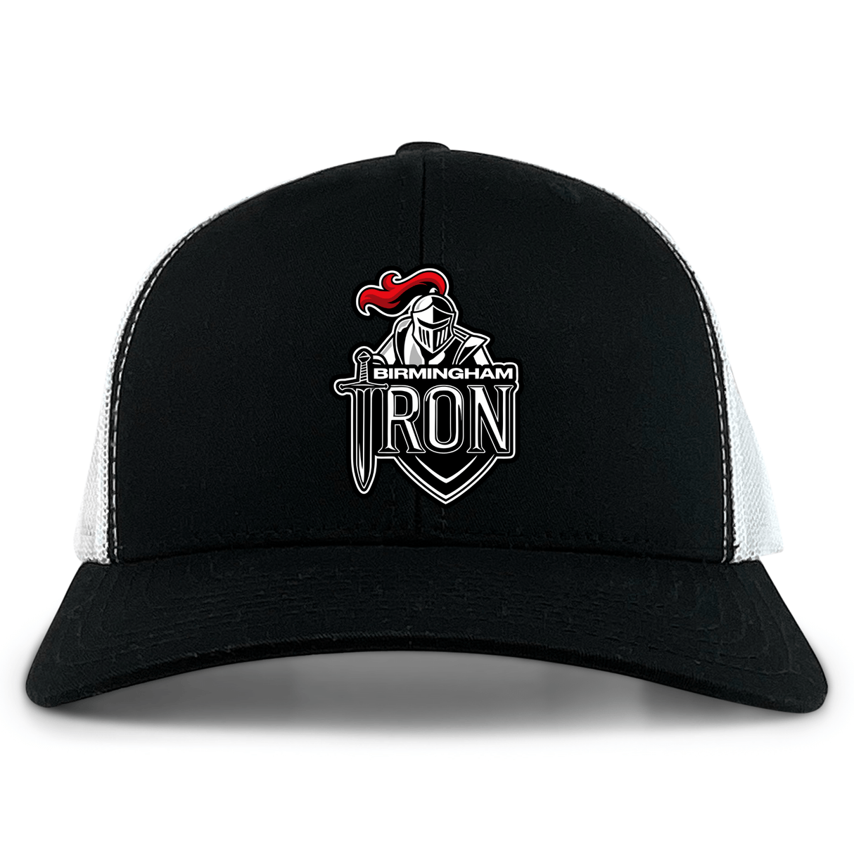 The Birmingham Iron Women's Football Retro Trucker Cap by EMB S&S Activewear features a black and white design with an embroidered team logo, adding classic appeal.