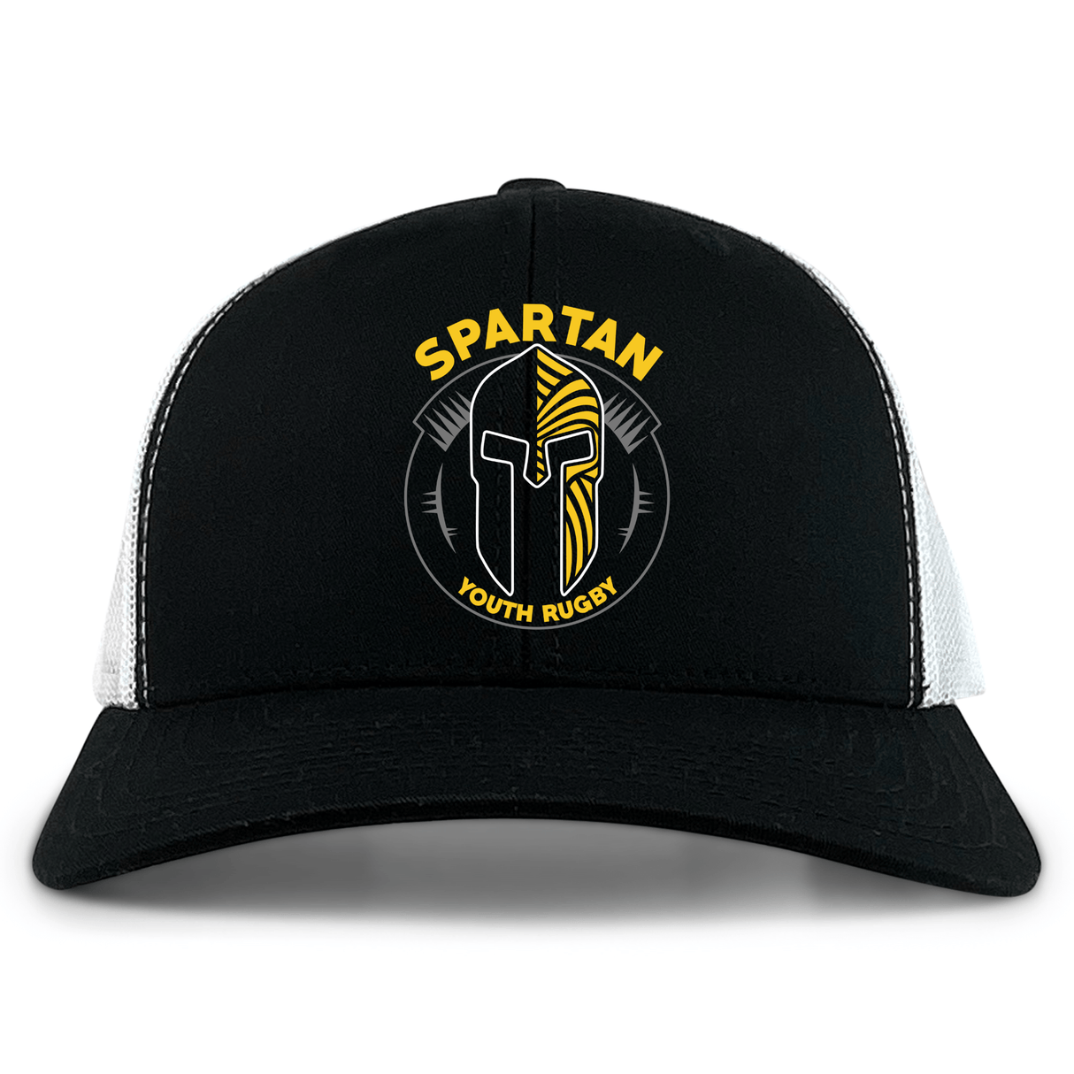 The Spartan Youth Rugby Retro Trucker Cap by EMB S&S Activewear features a black and white design, an embroidered Spartan helmet logo with "Spartan Youth Rugby" text, and a snapback closure for adjustable comfort.