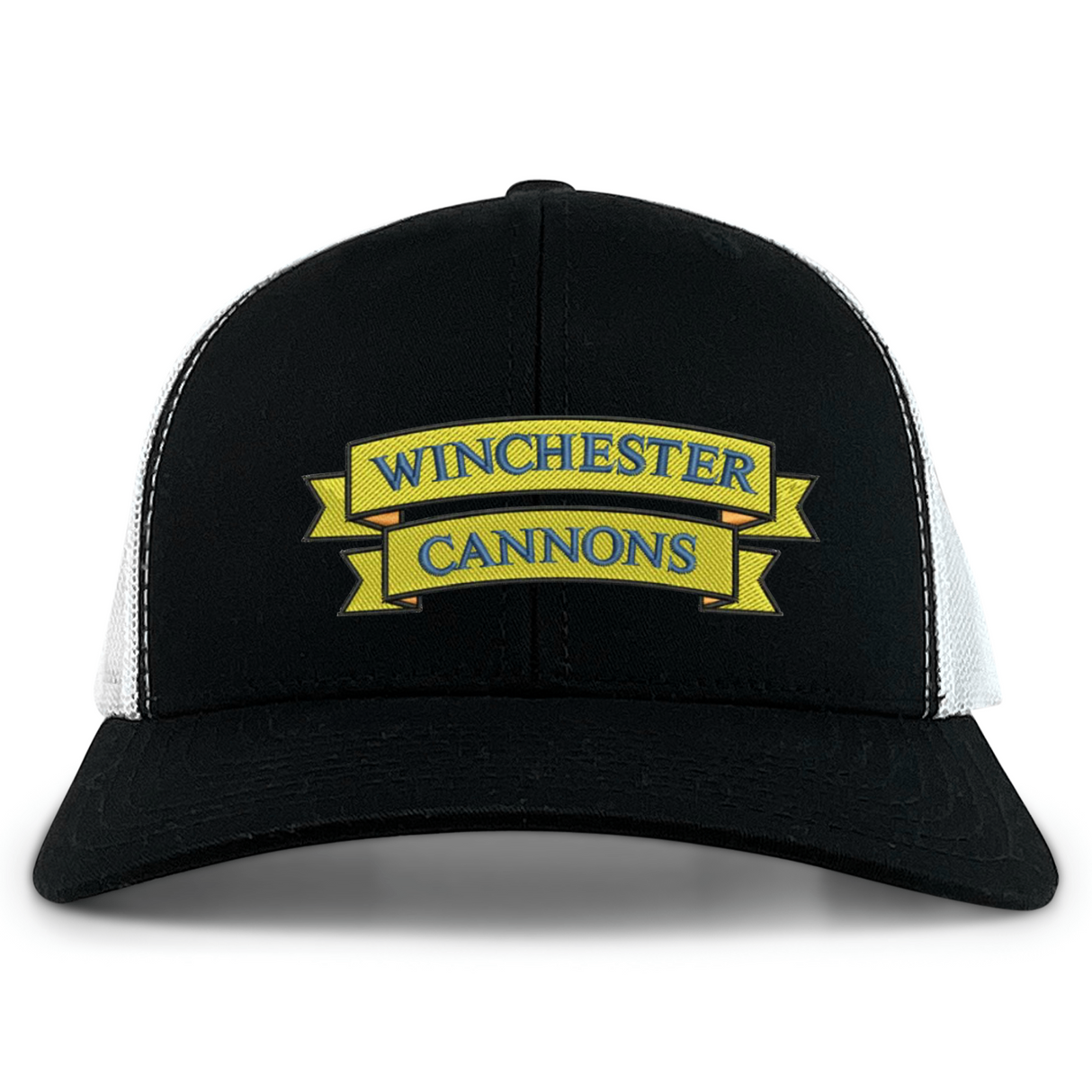 The Winchester Cannons Retro Trucker Cap by EMB S&S Activewear features a black and white design, yellow and blue embroidered front logo, and an adjustable snapback closure.