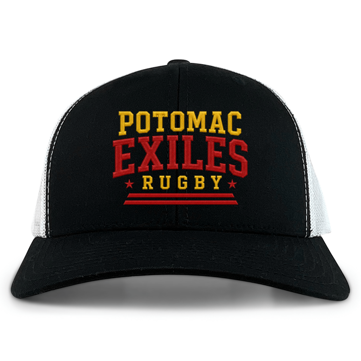 The Potomac Exiles Rugby Club Retro Trucker Cap by EMB S&S Activewear is a black and white retro trucker hat featuring "Potomac Exiles Rugby" embroidered on the front in yellow and red text, with a classic snapback closure for an adjustable fit.