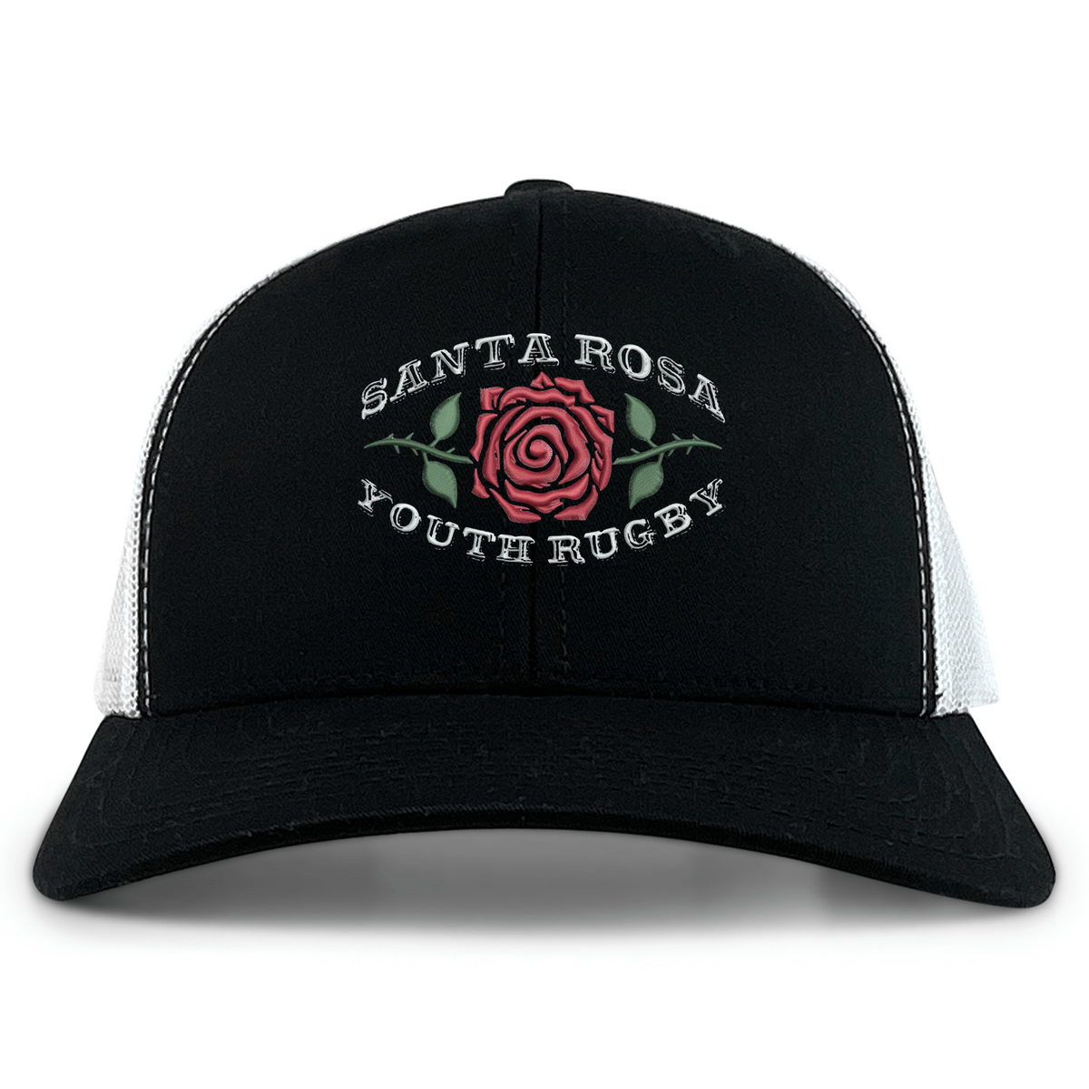 The EMB S&S Activewear Santa Rosa Youth Rugby Retro Trucker Cap is a black and white trucker cap with a red rose and green leaves, featuring “Santa Rosa Youth Rugby” embroidered on the front.