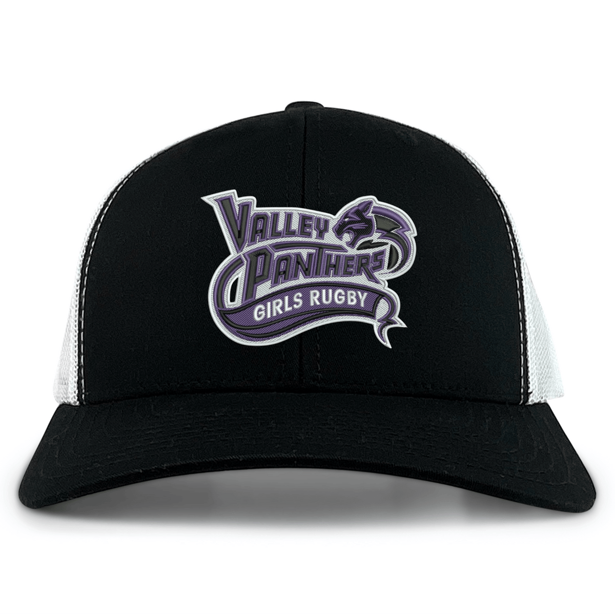 The Valley Panthers Girls Rugby Retro Trucker Cap by EMB S&S Activewear features a black and white design with an embroidered “Valley Panthers Girls Rugby” logo in purple and white on the front. It is finished with a classic snapback closure for adjustable fit.