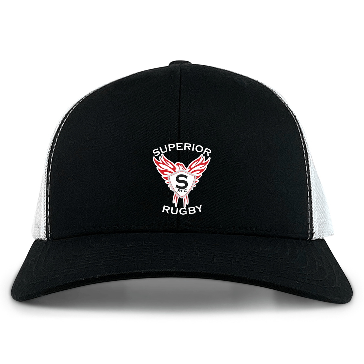 The Superior Rugby Club Retro Trucker Cap by EMB S&S Activewear features black and white colors, an embroidered "Superior Rugby" logo with wings and a bold "S," plus a classic snapback closure.